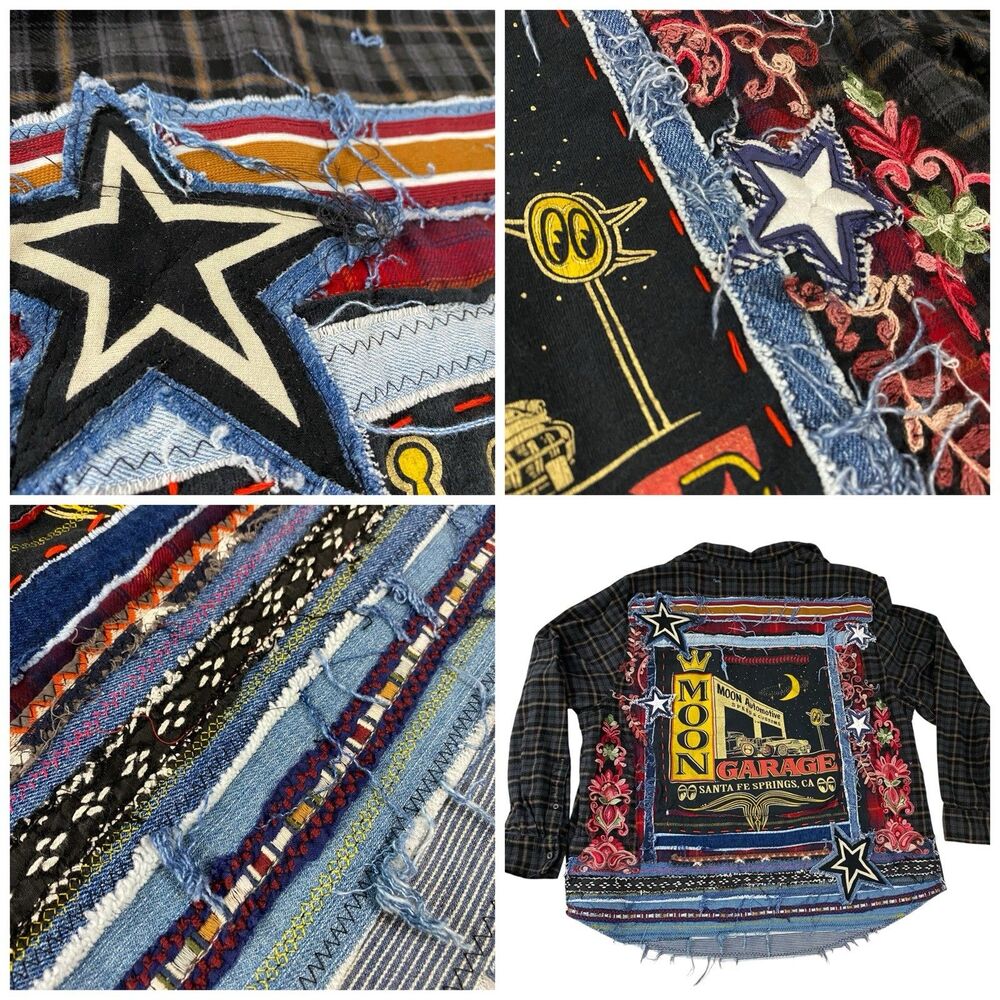 Upcycled Flannel Shirt Shacket Womens 1X Mechanic Automotive Garage Grunge Parts - Picture 3 of 14